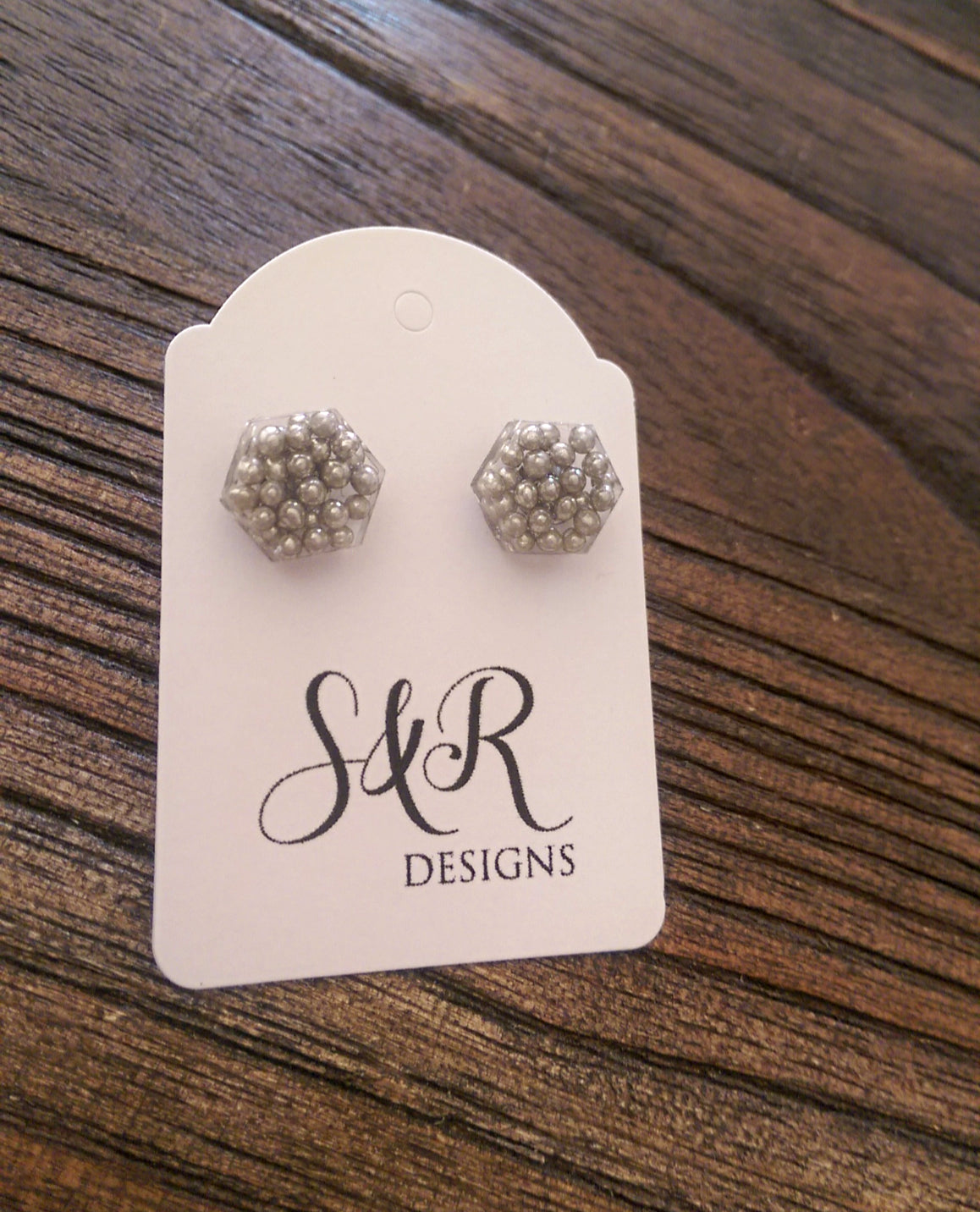 Hexagon Resin Stud Earrings, Silver Earrings. Stainless Steel Stud Earrings. 10mm - Silver and Resin Designs