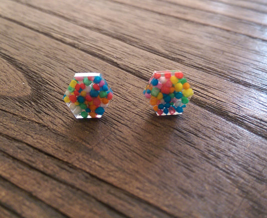 Hexagon Resin Stud Earrings, 100s and 1000s Resin Earrings. Stainless Steel Stud Earrings. 10mm - Silver and Resin Designs