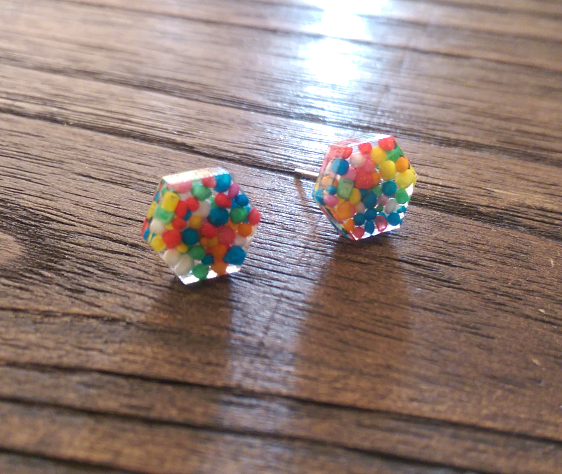 Hexagon Resin Stud Earrings, 100s and 1000s Resin Earrings. Stainless Steel Stud Earrings. 10mm - Silver and Resin Designs