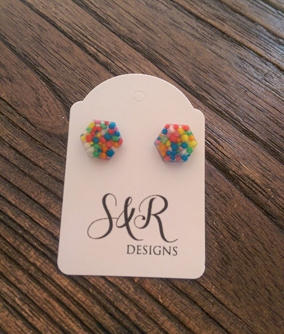 Hexagon Resin Stud Earrings, 100s and 1000s Resin Earrings. Stainless Steel Stud Earrings. 10mm - Silver and Resin Designs