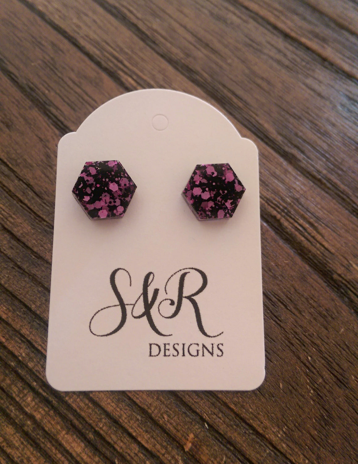 Hexagon Resin Stud Earrings, Black Pink Glitter Earrings. Stainless Steel Stud Earrings. 10mm - Silver and Resin Designs