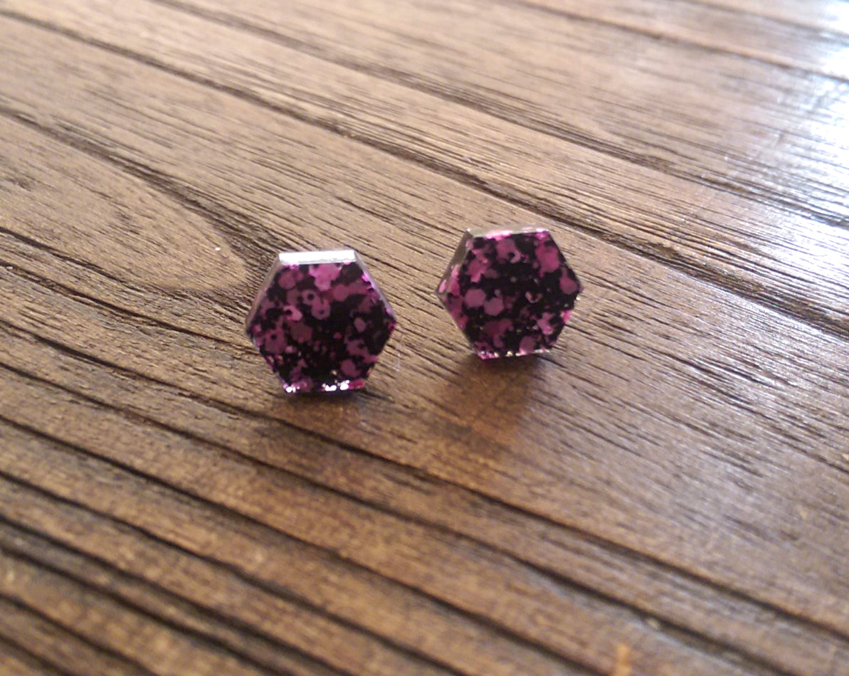 Hexagon Resin Stud Earrings, Black Pink Glitter Earrings. Stainless Steel Stud Earrings. 10mm - Silver and Resin Designs