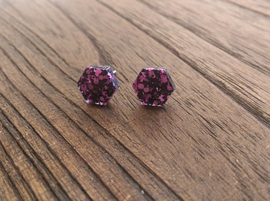 Hexagon Resin Stud Earrings, Black Pink Glitter Earrings. Stainless Steel Stud Earrings. 10mm - Silver and Resin Designs