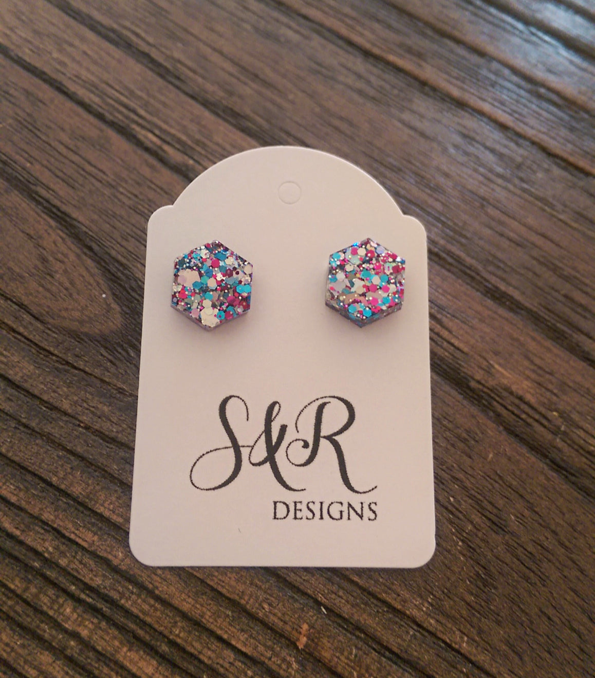 Hexagon Resin Stud Earrings, Mixed Glitter Earrings. Stainless Steel Stud Earrings. 10mm - Silver and Resin Designs