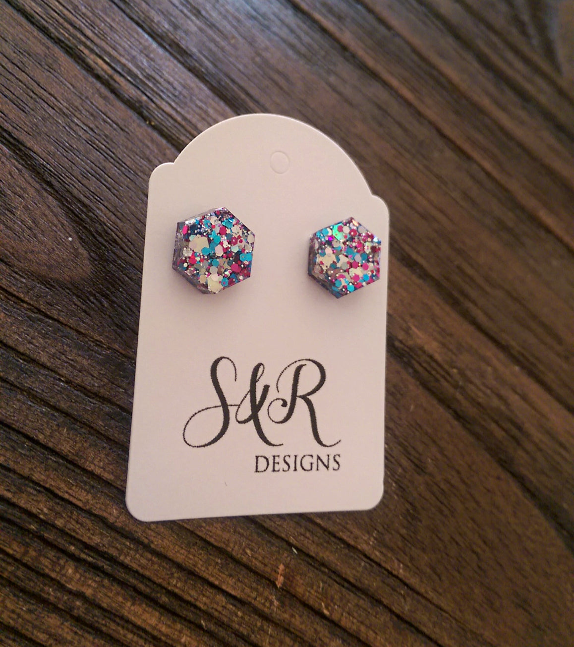 Hexagon Resin Stud Earrings, Mixed Glitter Earrings. Stainless Steel Stud Earrings. 10mm - Silver and Resin Designs