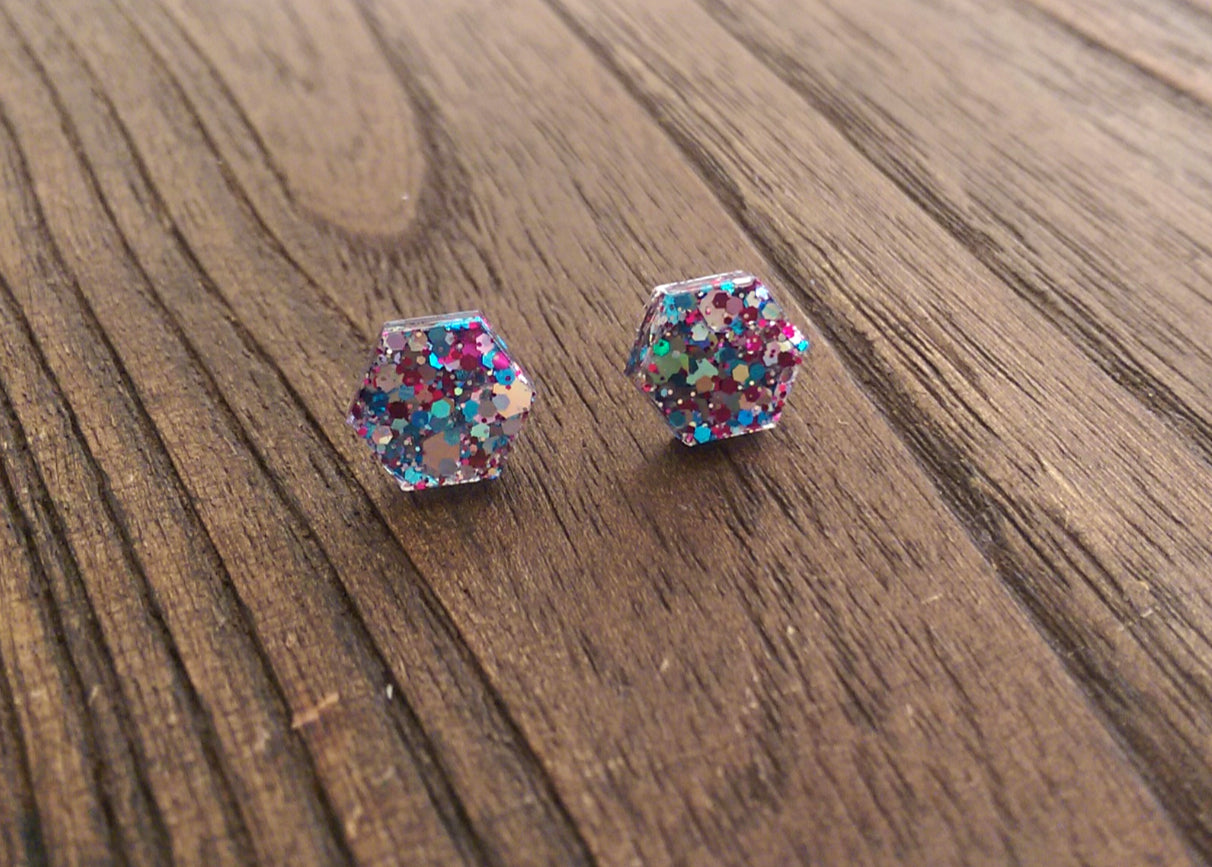 Hexagon Resin Stud Earrings, Mixed Glitter Earrings. Stainless Steel Stud Earrings. 10mm - Silver and Resin Designs