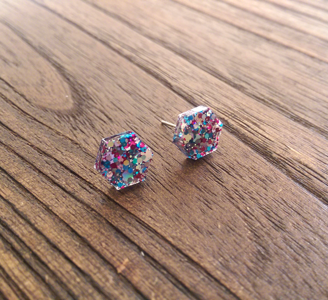 Hexagon Resin Stud Earrings, Mixed Glitter Earrings. Stainless Steel Stud Earrings. 10mm - Silver and Resin Designs