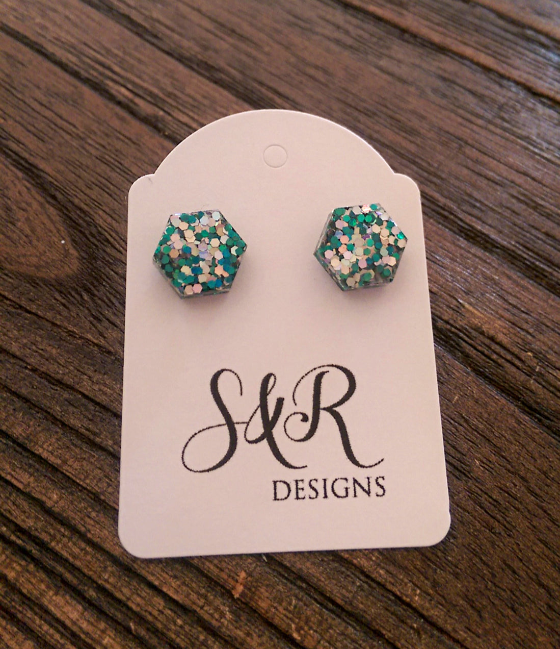 Hexagon Resin Stud Earrings, Teal Silver Mix Glitter Earrings. Stainless Steel Stud Earrings. 10mm - Silver and Resin Designs