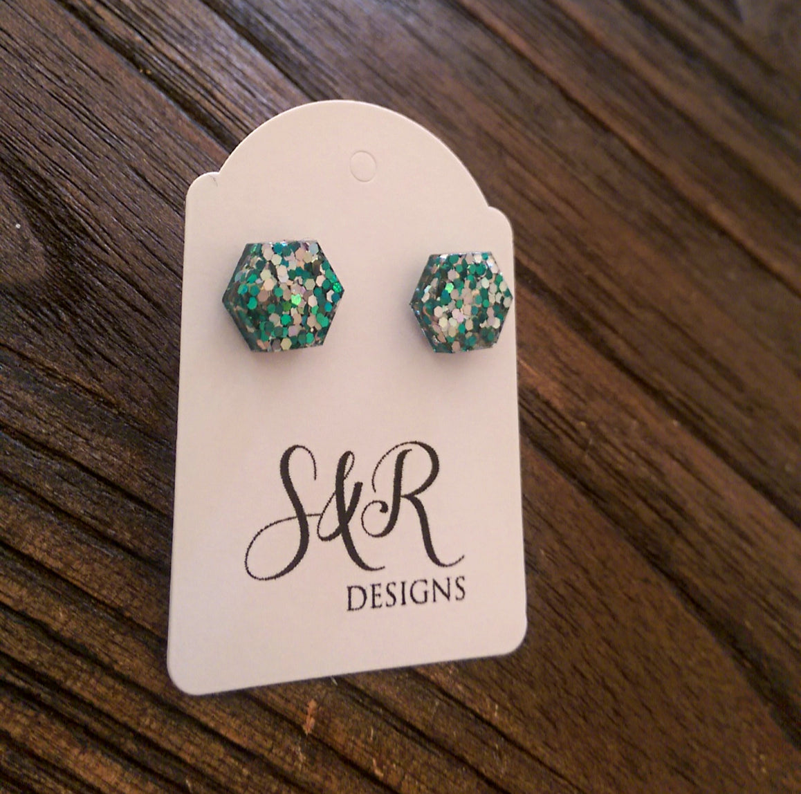 Hexagon Resin Stud Earrings, Teal Silver Mix Glitter Earrings. Stainless Steel Stud Earrings. 10mm - Silver and Resin Designs