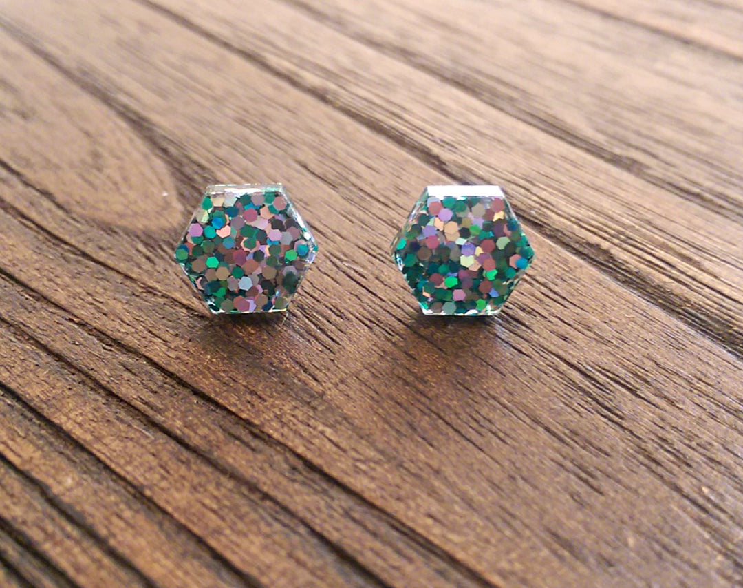 Hexagon Resin Stud Earrings, Teal Silver Mix Glitter Earrings. Stainless Steel Stud Earrings. 10mm - Silver and Resin Designs