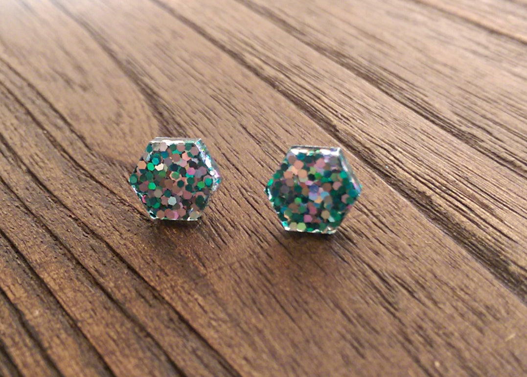 Hexagon Resin Stud Earrings, Teal Silver Mix Glitter Earrings. Stainless Steel Stud Earrings. 10mm - Silver and Resin Designs