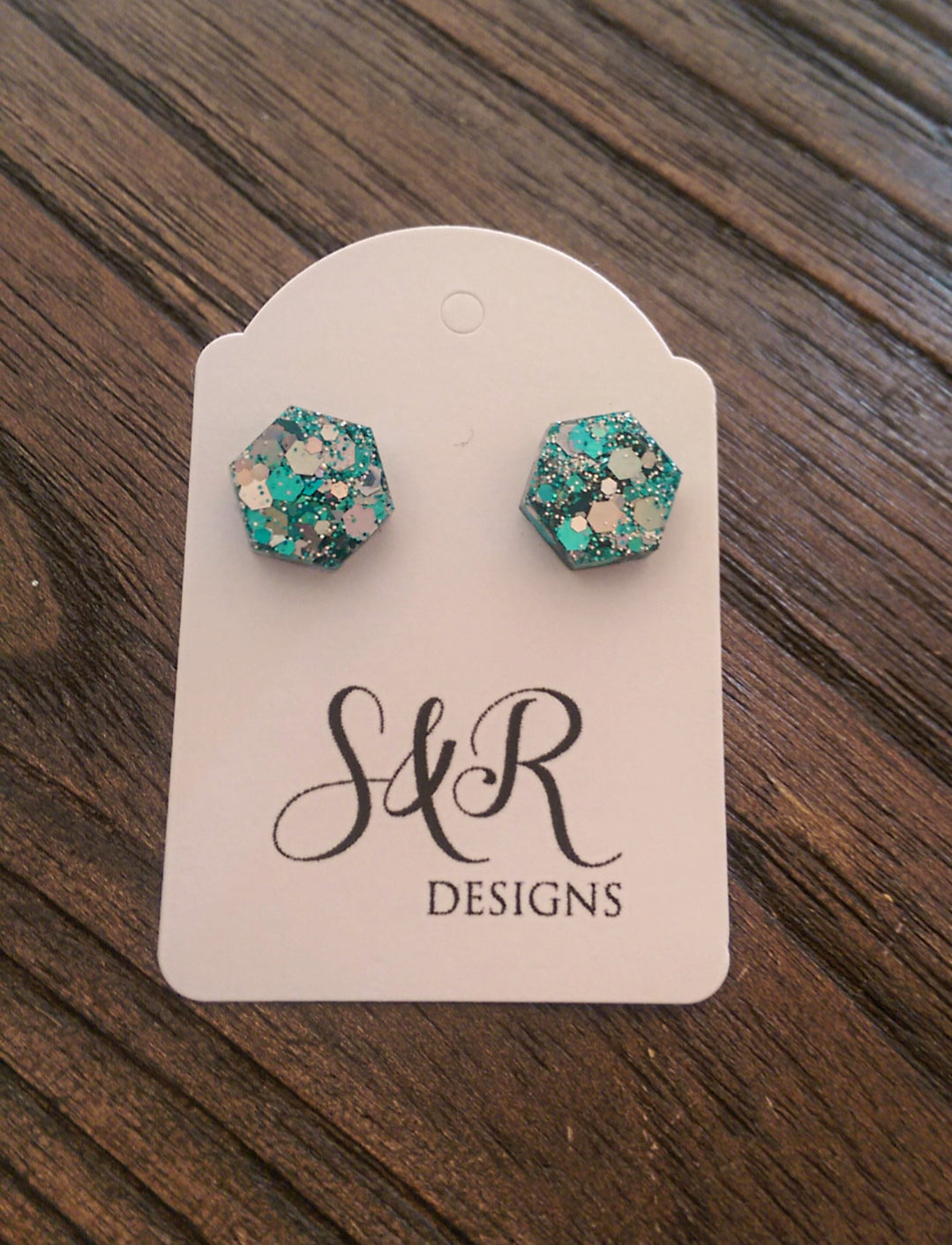 Hexagon Resin Stud Earrings, Ocean Breeze Glitter Earrings. Stainless Steel Stud Earrings. 10mm - Silver and Resin Designs