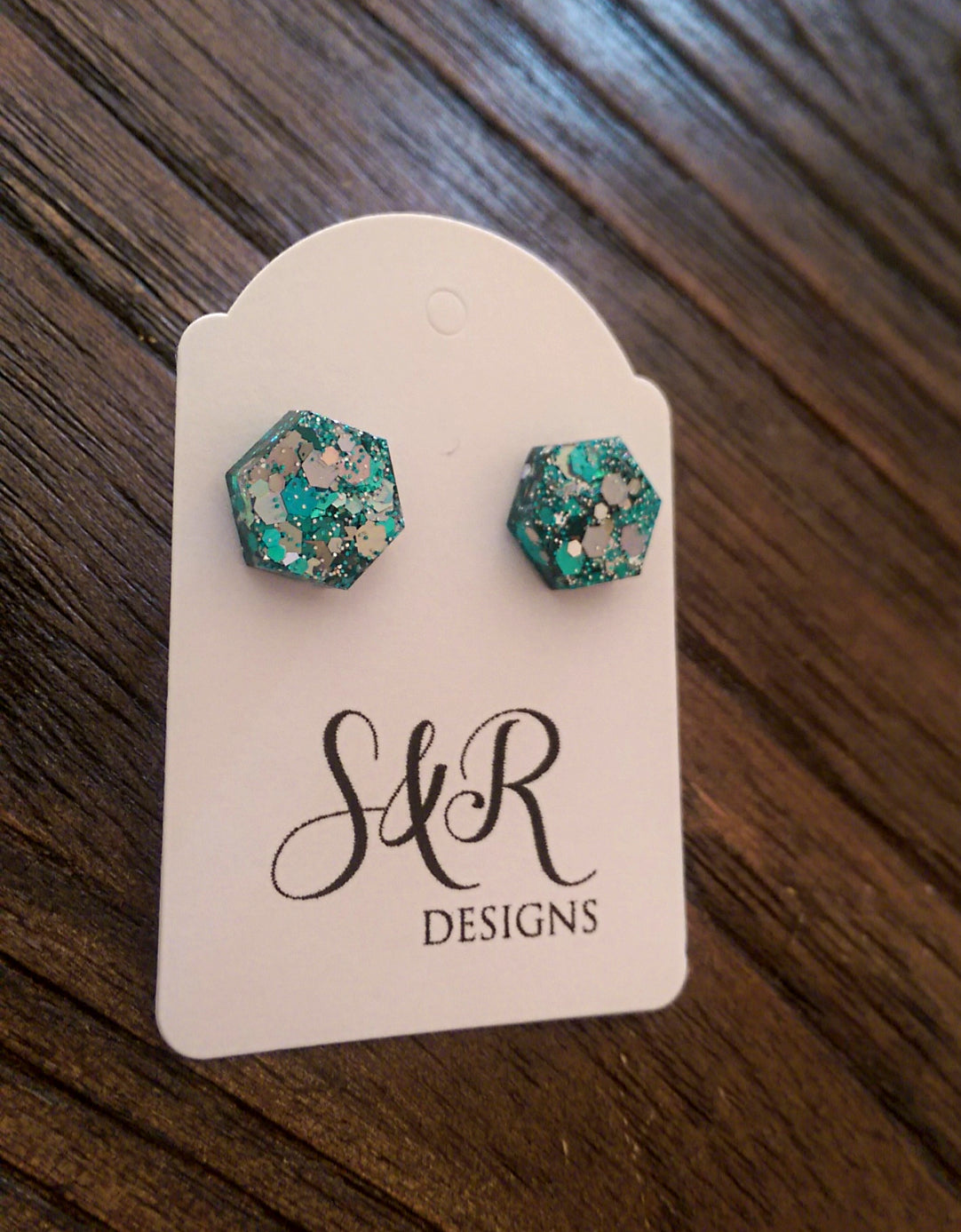 Hexagon Resin Stud Earrings, Ocean Breeze Glitter Earrings. Stainless Steel Stud Earrings. 10mm - Silver and Resin Designs
