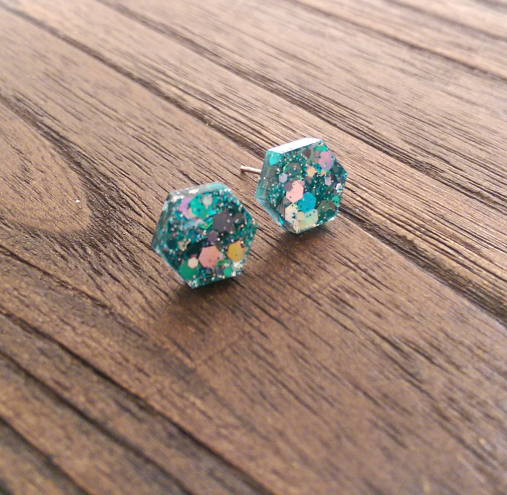 Hexagon Resin Stud Earrings, Ocean Breeze Glitter Earrings. Stainless Steel Stud Earrings. 10mm - Silver and Resin Designs