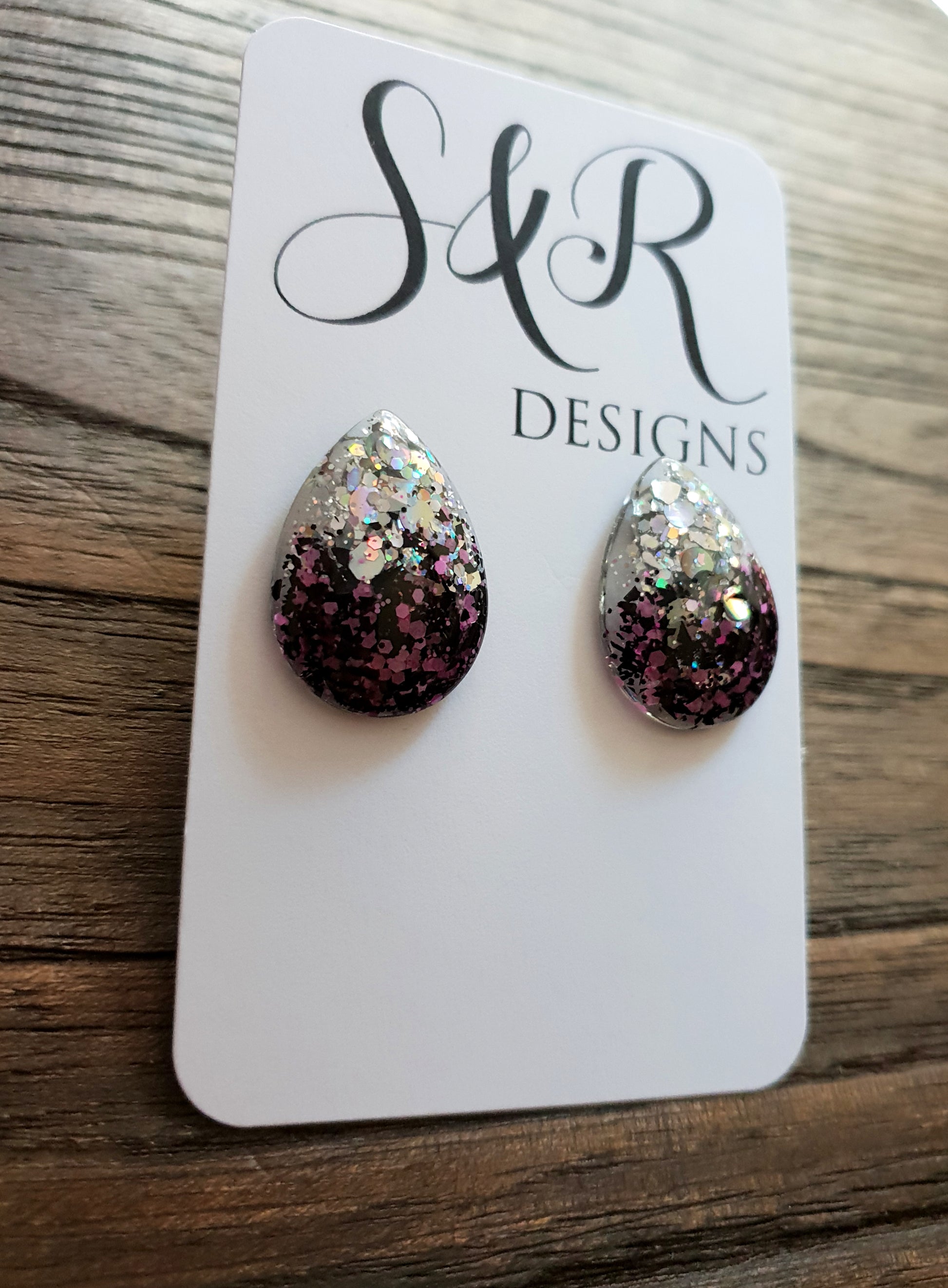 Teardrops Stud Glitter Earrings, Pink Black Silver Holographic Mix Earrings Stainless Steel - Silver and Resin Designs