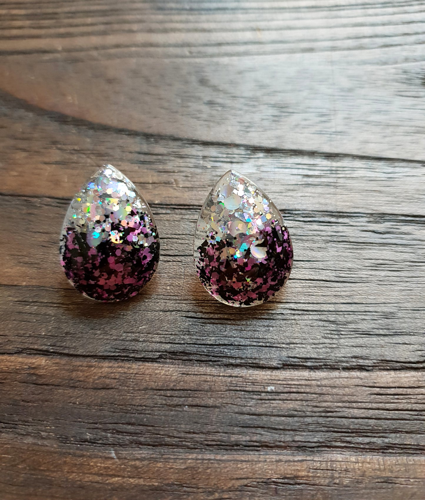 Teardrops Stud Glitter Earrings, Pink Black Silver Holographic Mix Earrings Stainless Steel - Silver and Resin Designs