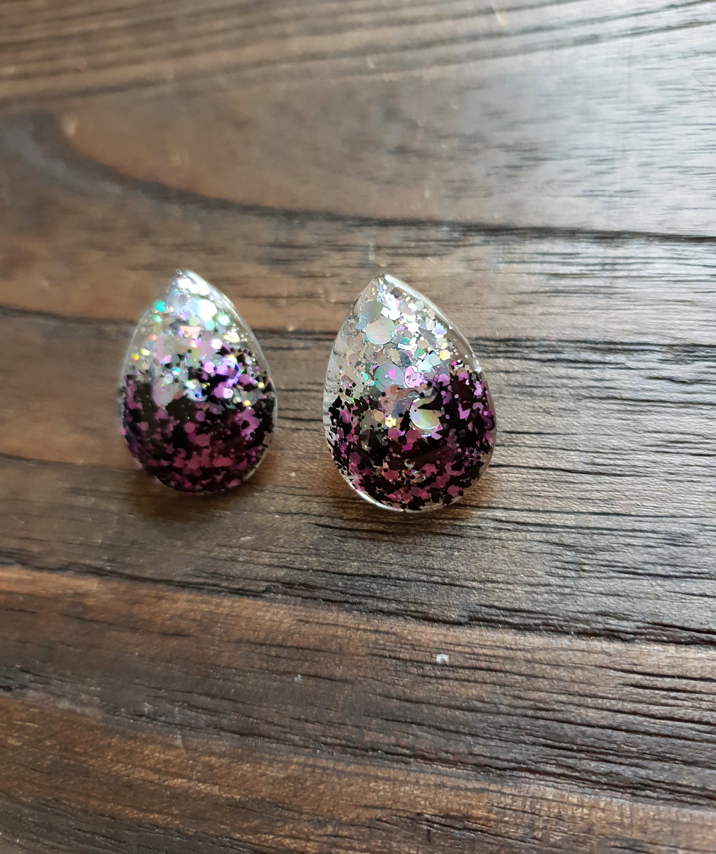 Teardrops Stud Glitter Earrings, Pink Black Silver Holographic Mix Earrings Stainless Steel - Silver and Resin Designs