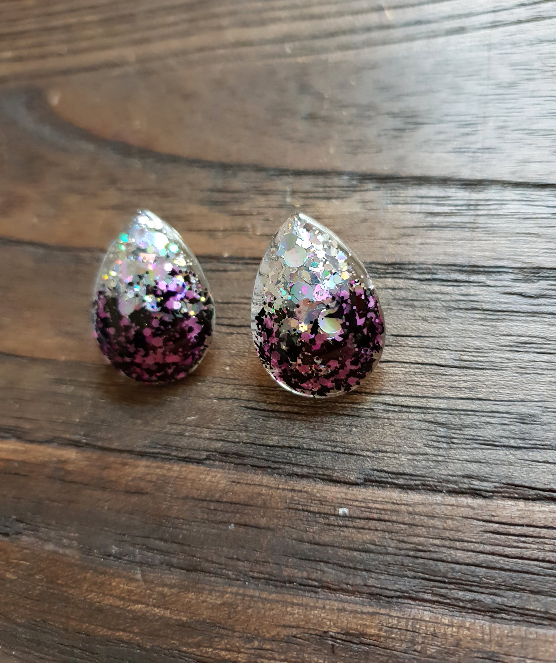 Teardrops Stud Glitter Earrings, Pink Black Silver Holographic Mix Earrings Stainless Steel - Silver and Resin Designs