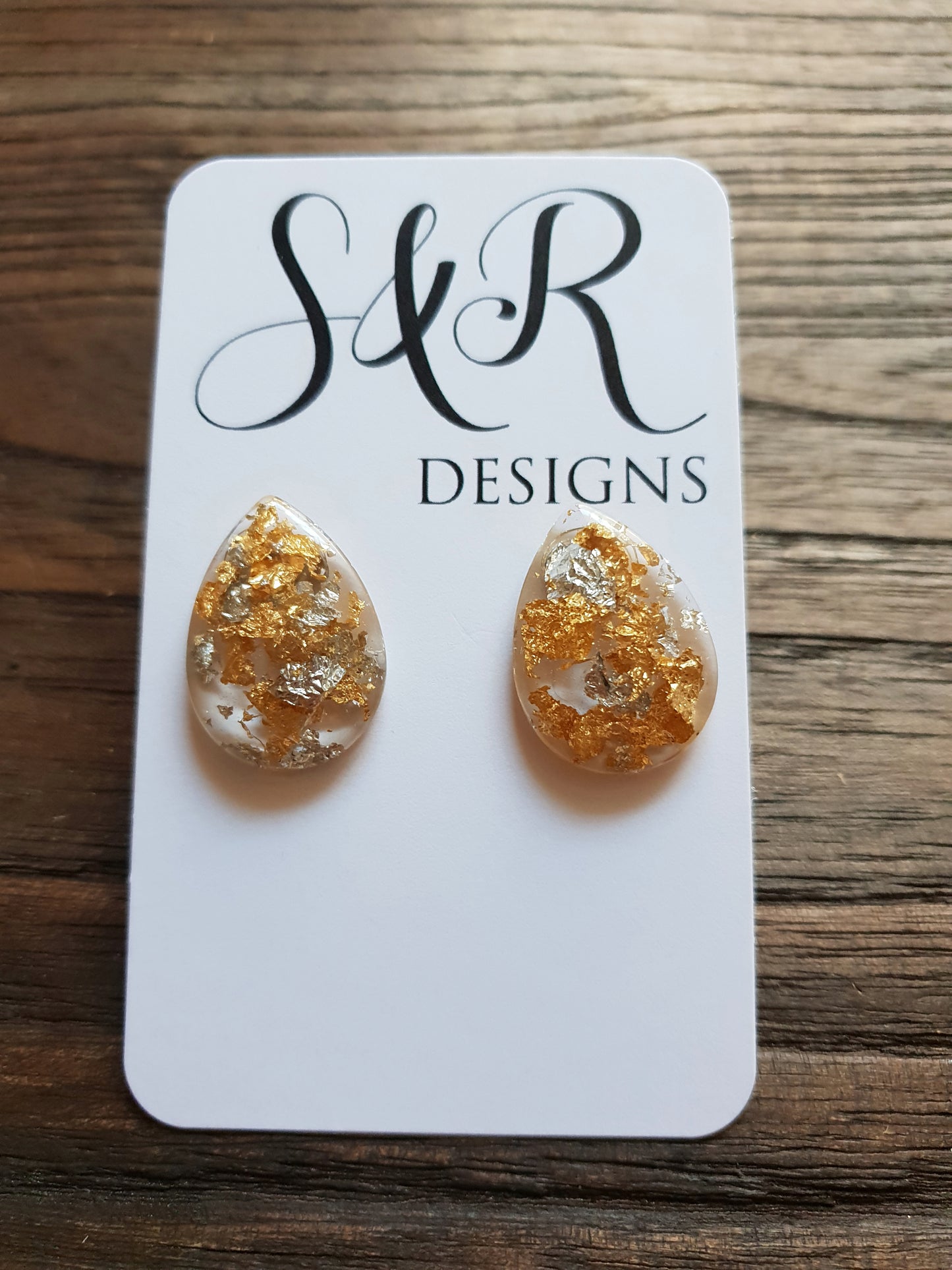 Teardrops Stud Earrings, Light Gold Silver Leaf Mix Earrings Stainless Steel - Silver and Resin Designs