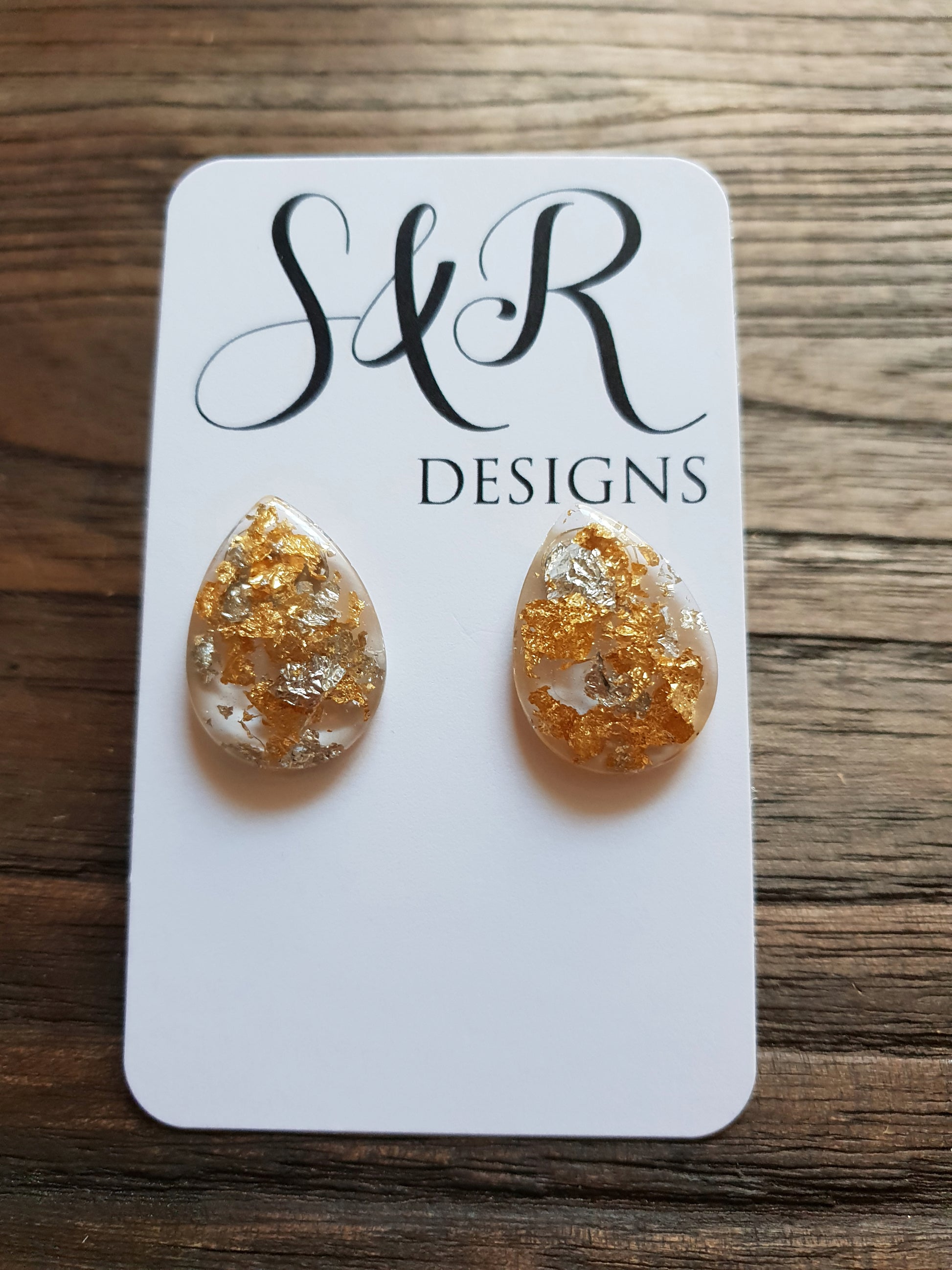 Teardrops Stud Earrings, Light Gold Silver Leaf Mix Earrings Stainless Steel - Silver and Resin Designs