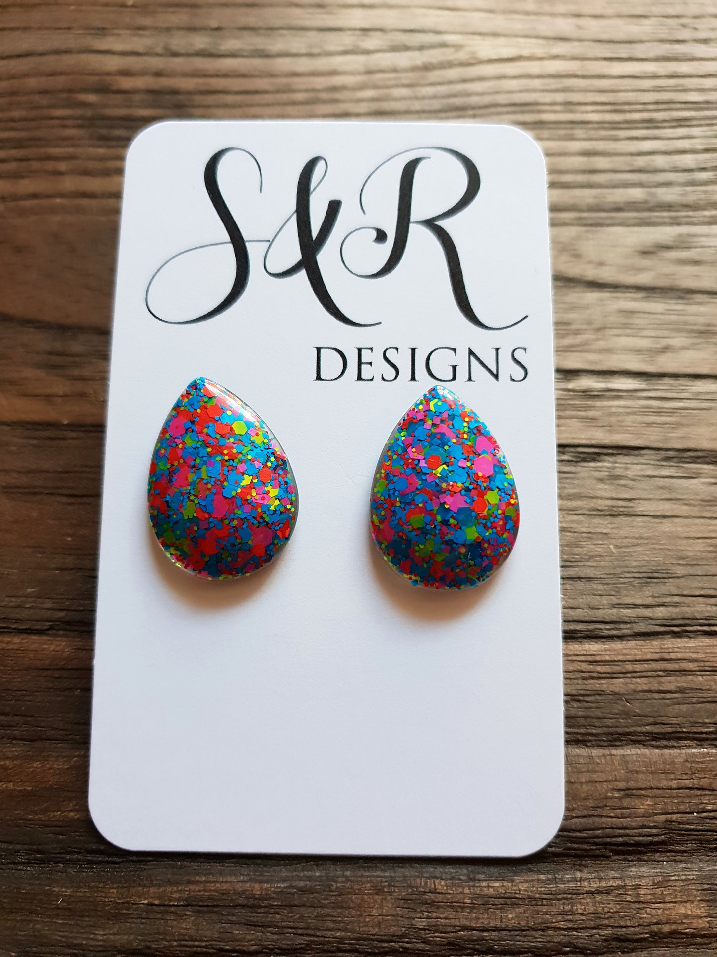 Teardrops Glitter Stud Earrings, Neon Glitter Earrings Stainless Steel - Silver and Resin Designs