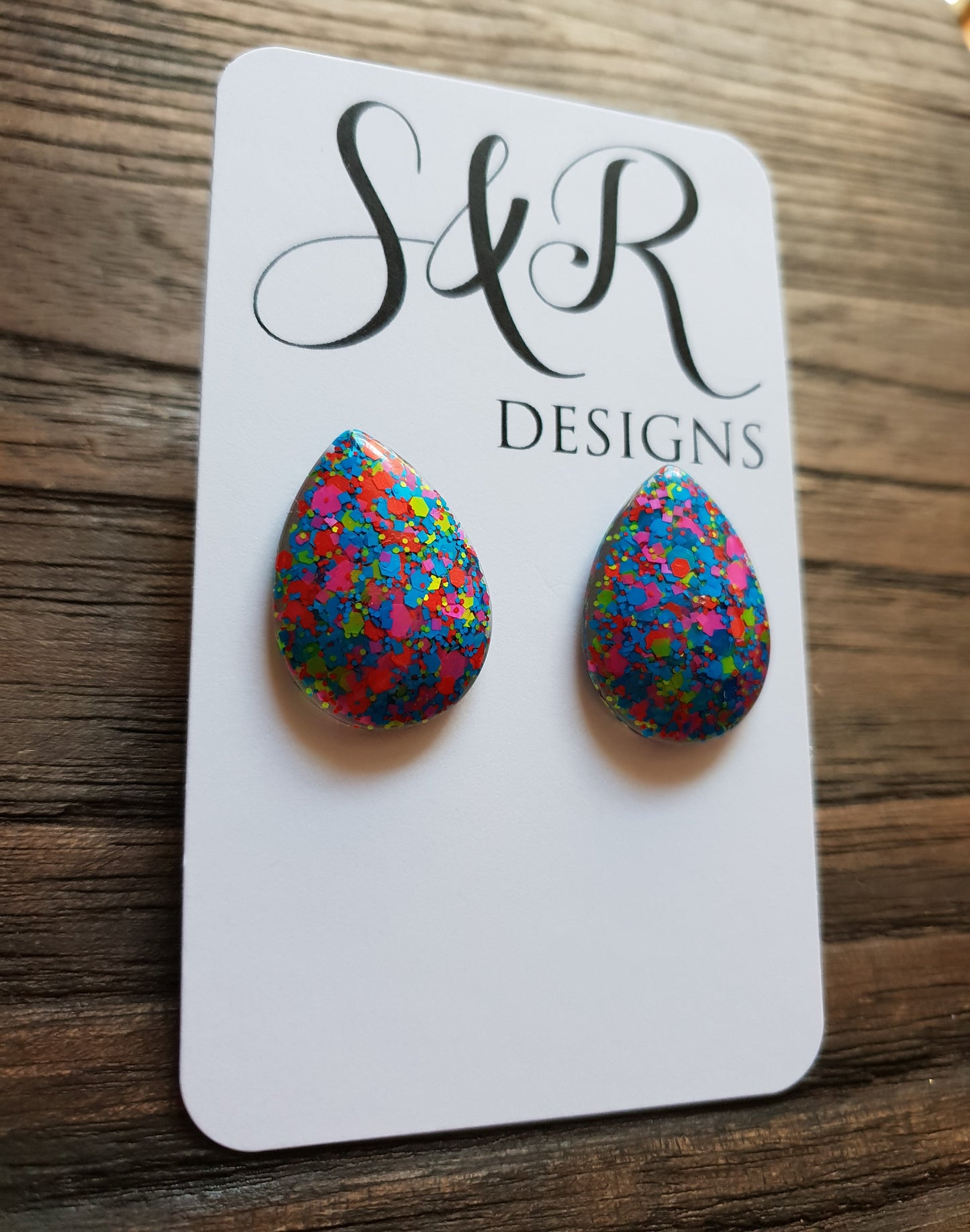 Teardrops Glitter Stud Earrings, Neon Glitter Earrings Stainless Steel - Silver and Resin Designs