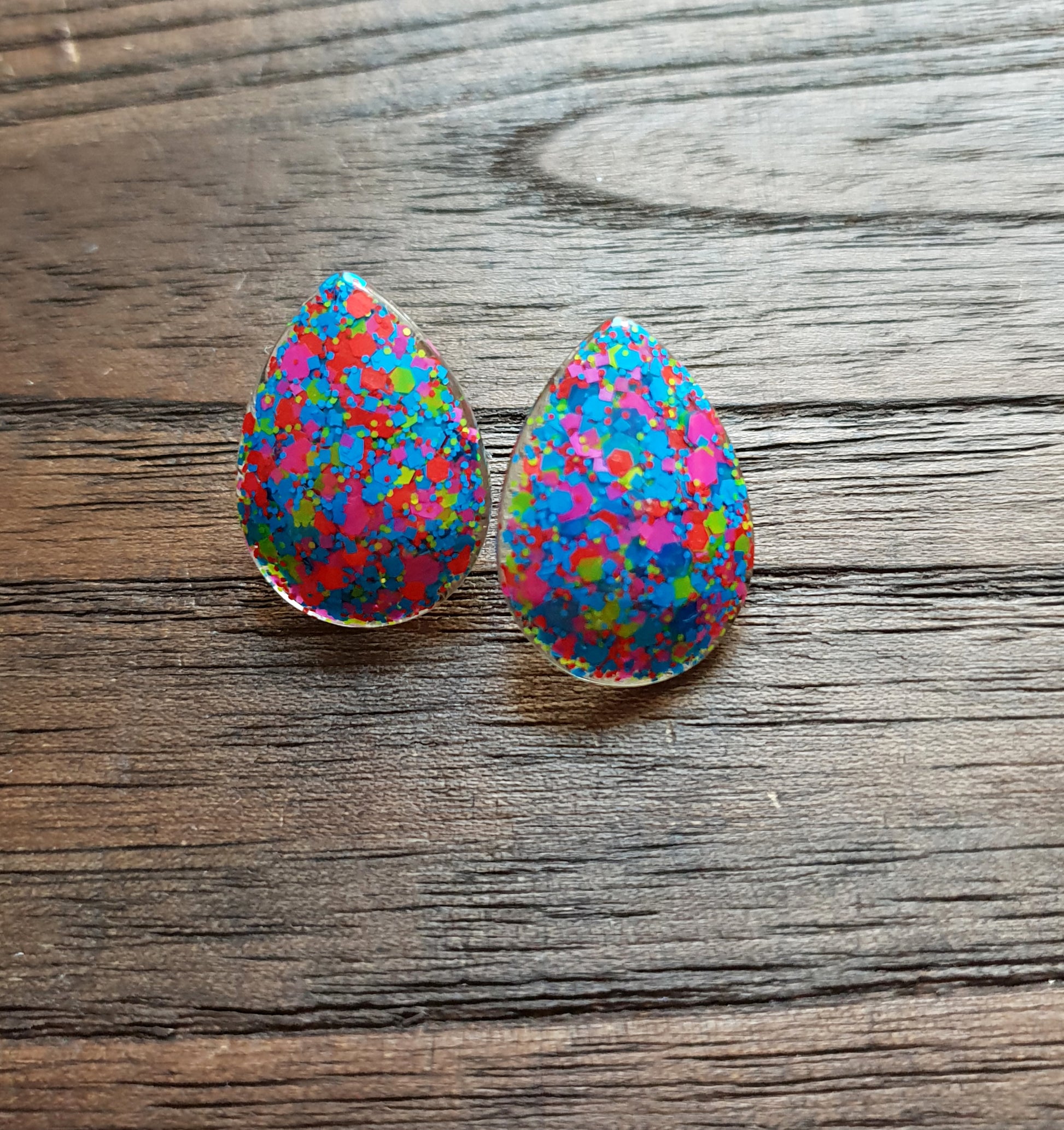 Teardrops Glitter Stud Earrings, Neon Glitter Earrings Stainless Steel - Silver and Resin Designs