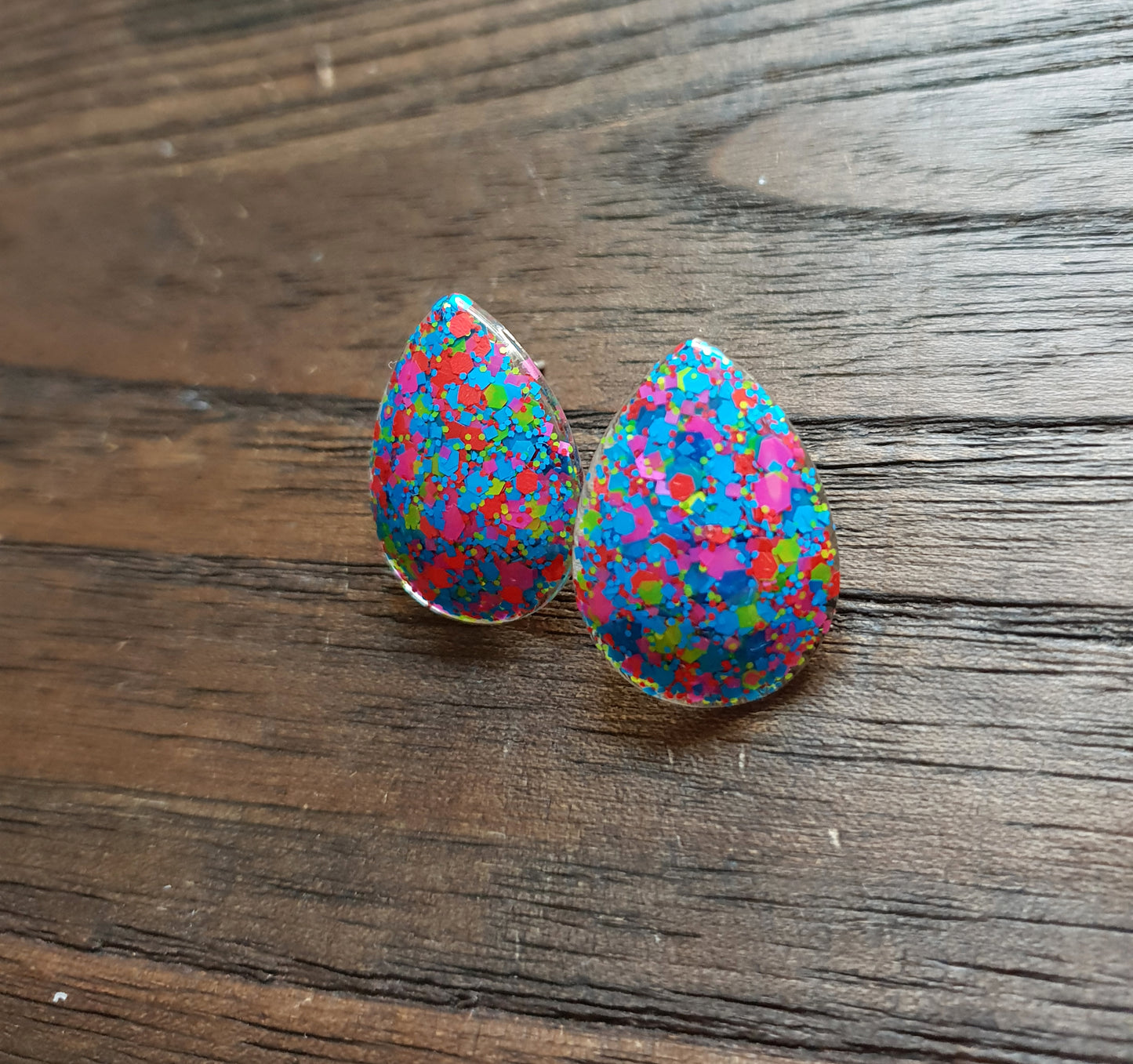 Teardrops Glitter Stud Earrings, Neon Glitter Earrings Stainless Steel - Silver and Resin Designs