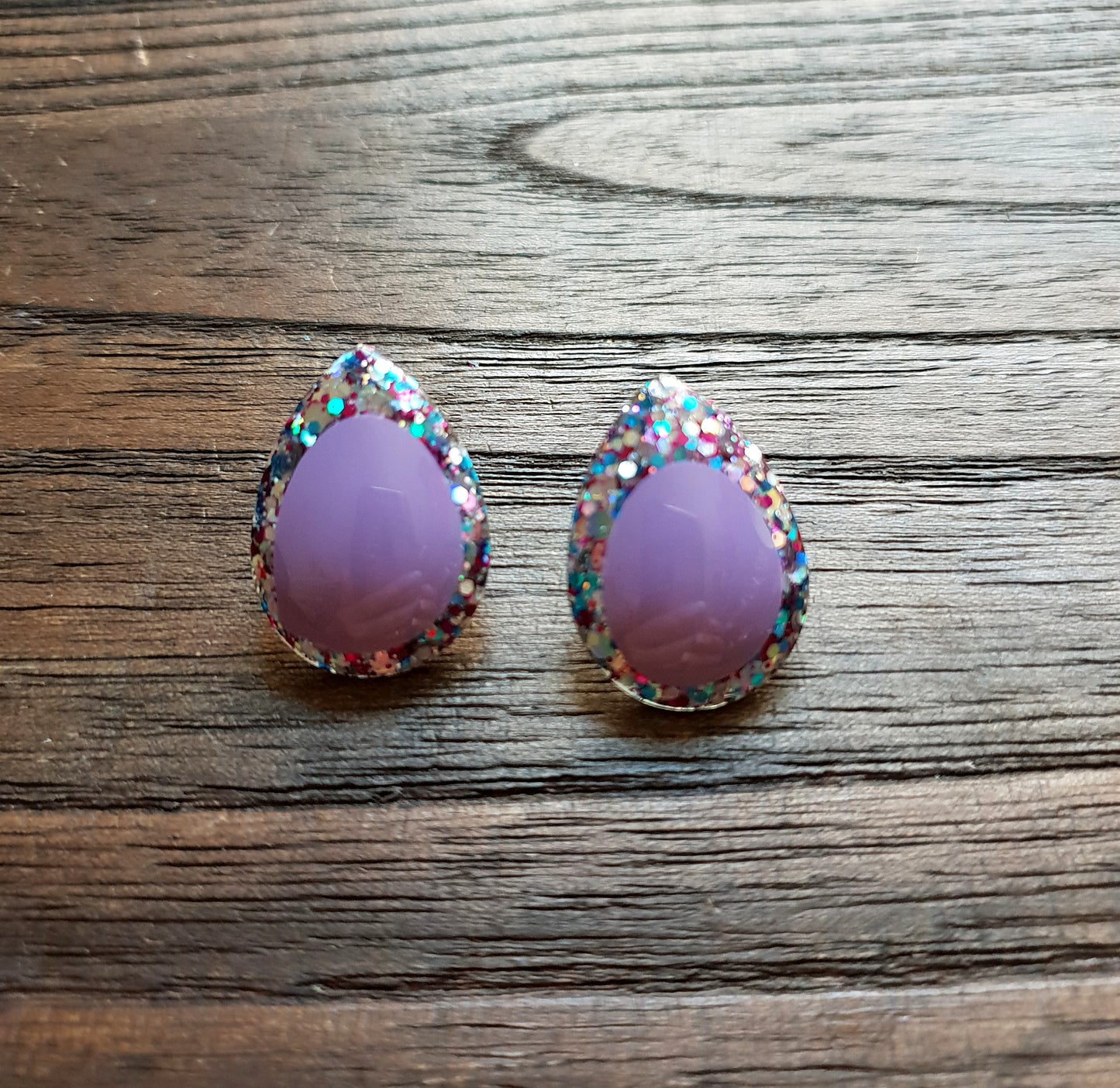 Teardrops Stud Glitter Earrings, Purple with Mix Glitter Earrings Stainless Steel - Silver and Resin Designs