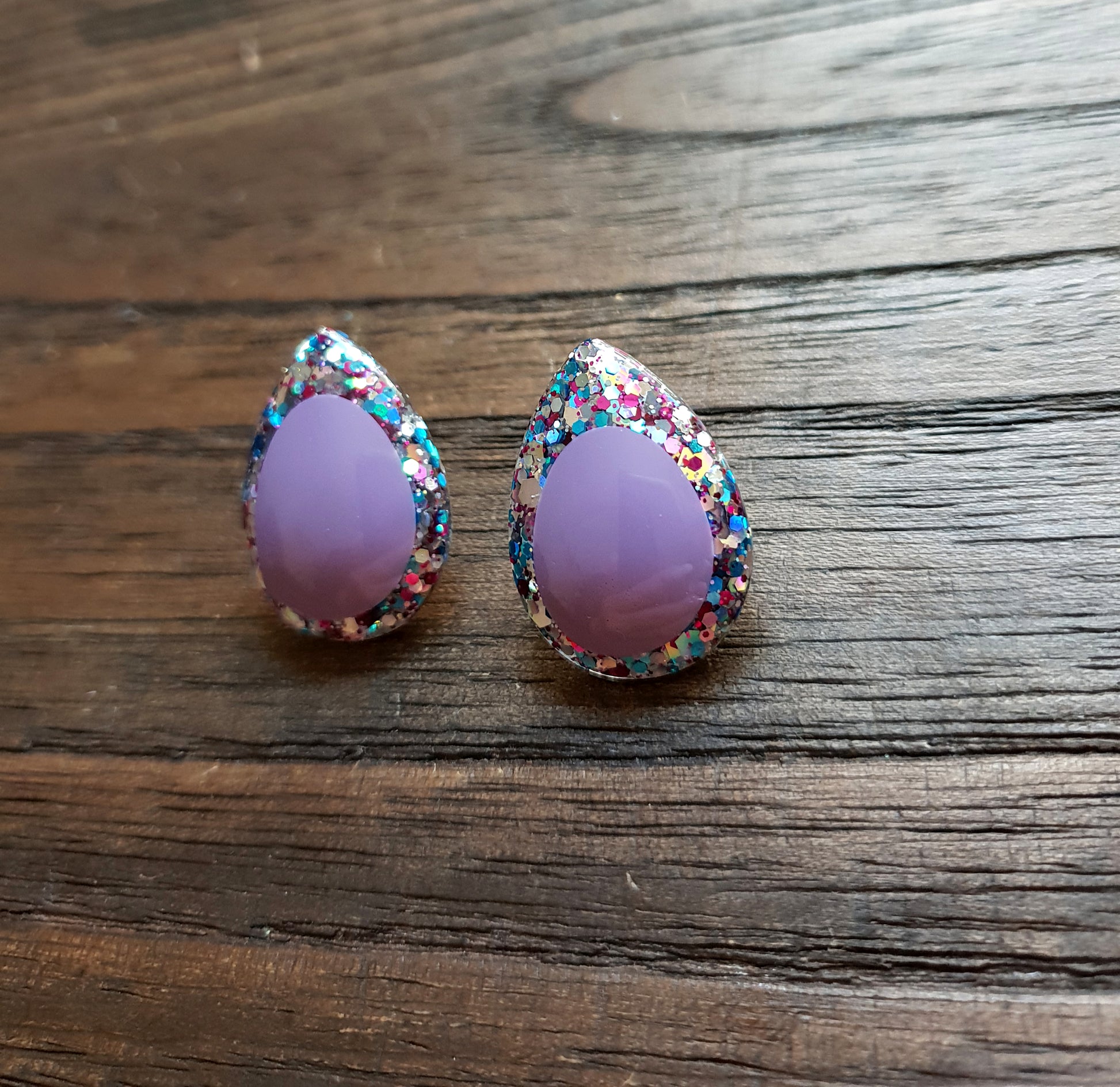 Teardrops Stud Glitter Earrings, Purple with Mix Glitter Earrings Stainless Steel - Silver and Resin Designs