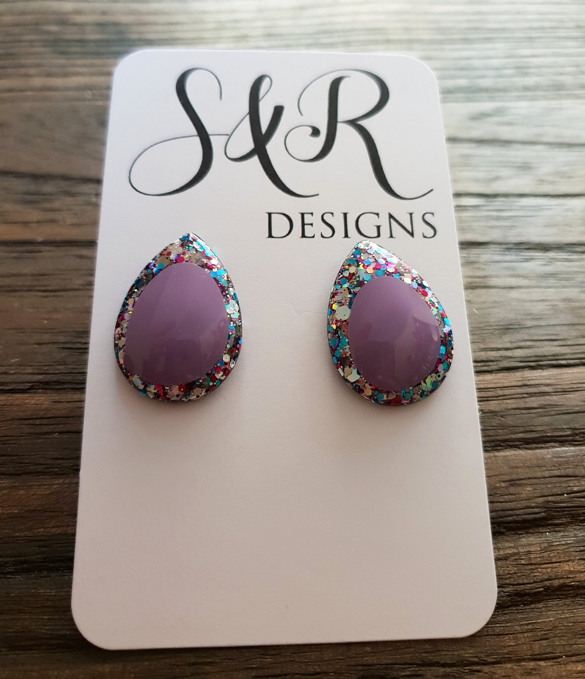 Teardrops Stud Glitter Earrings, Purple with Mix Glitter Earrings Stainless Steel - Silver and Resin Designs