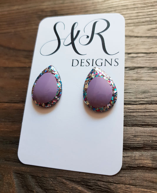 Teardrops Stud Glitter Earrings, Purple with Mix Glitter Earrings Stainless Steel - Silver and Resin Designs