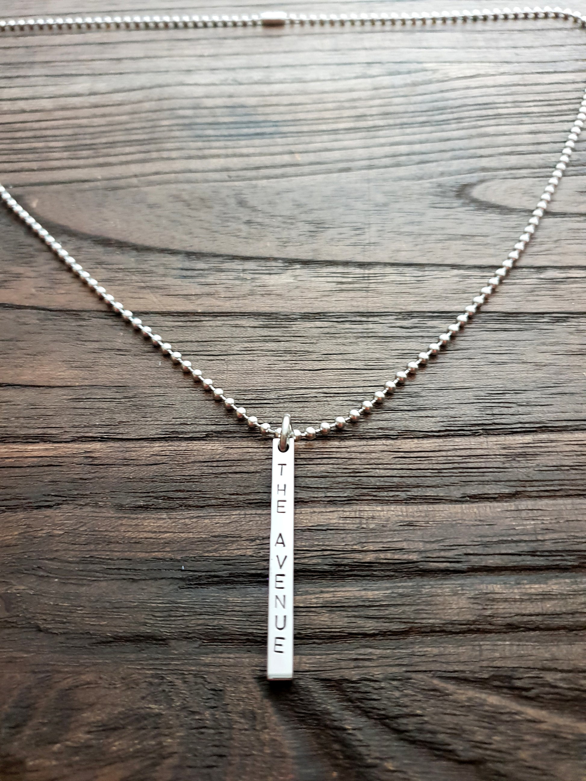 Personalised Name Stamped Necklace Bar Stainless Steel, 4 Sided Bar Pendant Necklace - Silver and Resin Designs