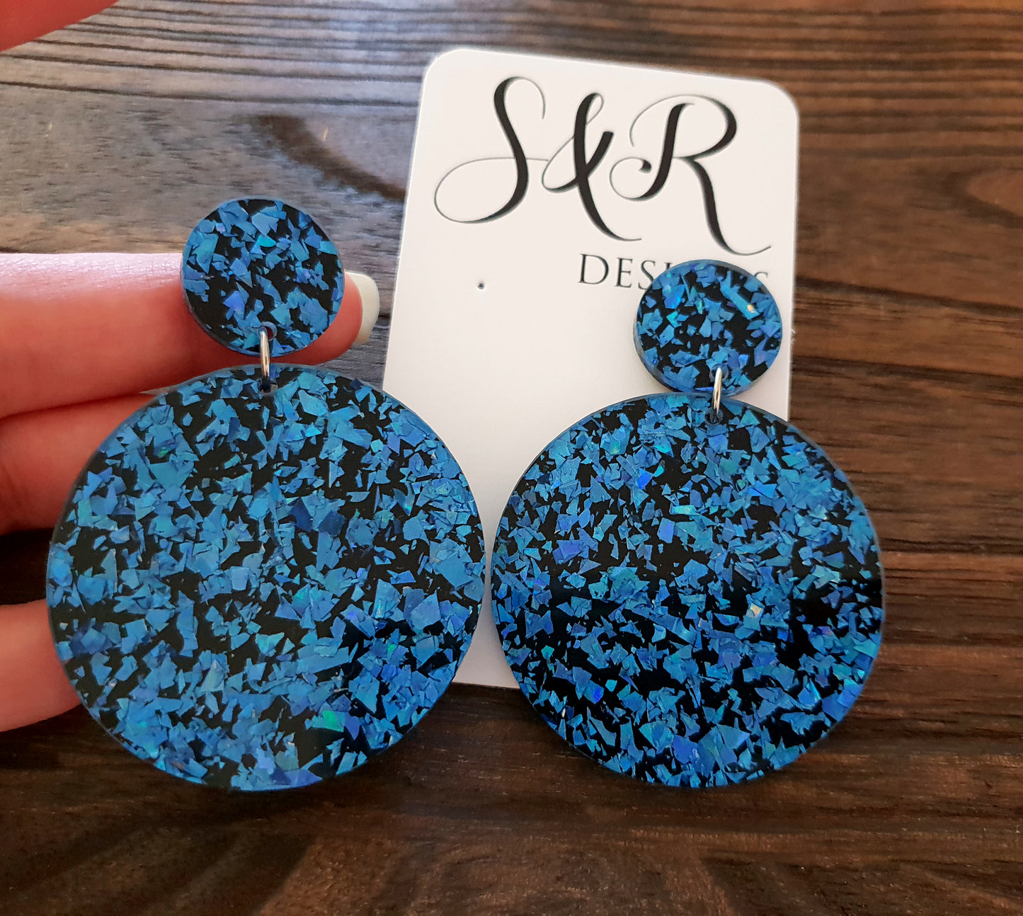 Ice Blue Shards Circle Acrylic Earrings Size Super Large with Stainless Steel - Silver and Resin Designs
