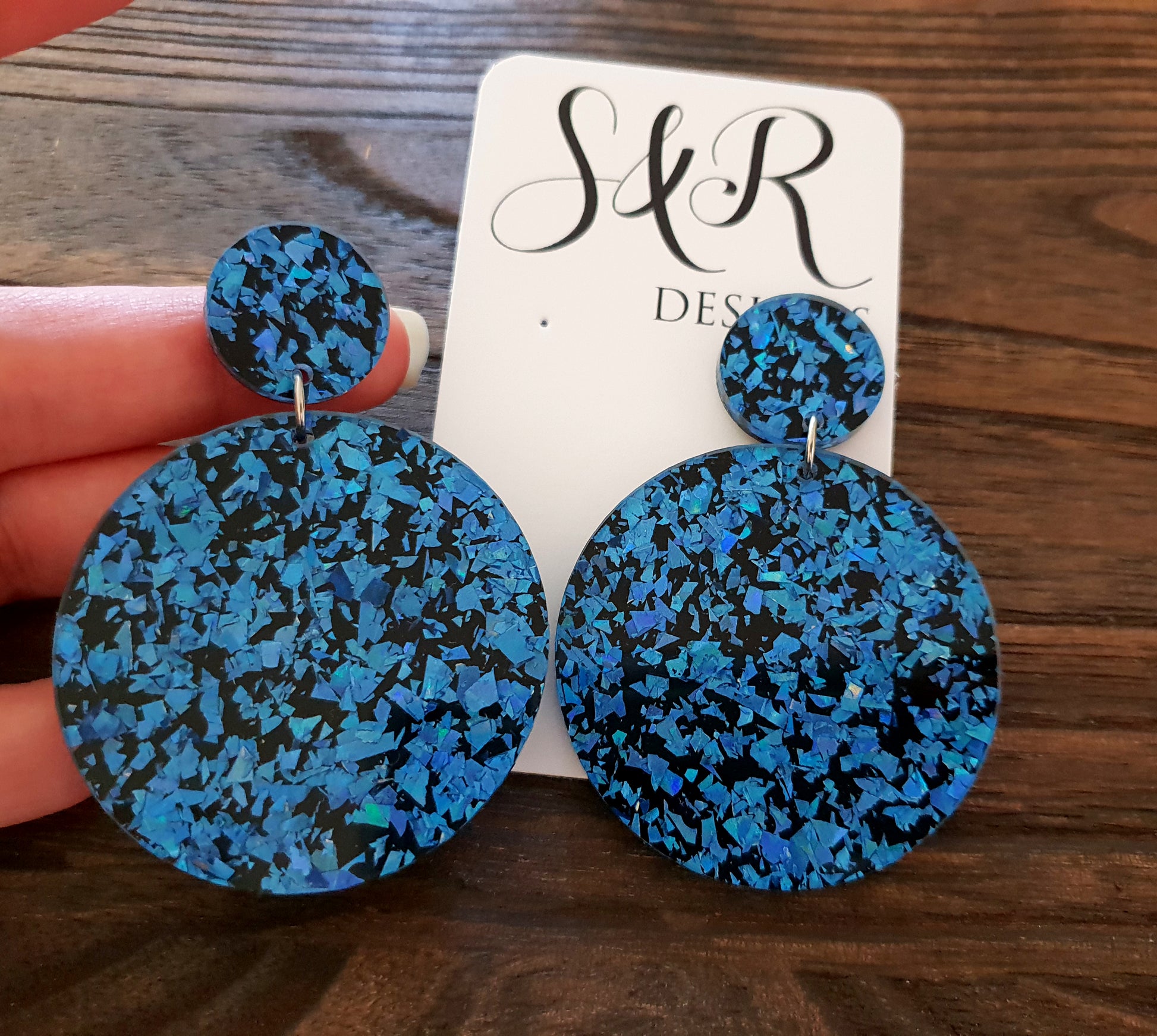 Ice Blue Shards Circle Acrylic Earrings Size Super Large with Stainless Steel - Silver and Resin Designs