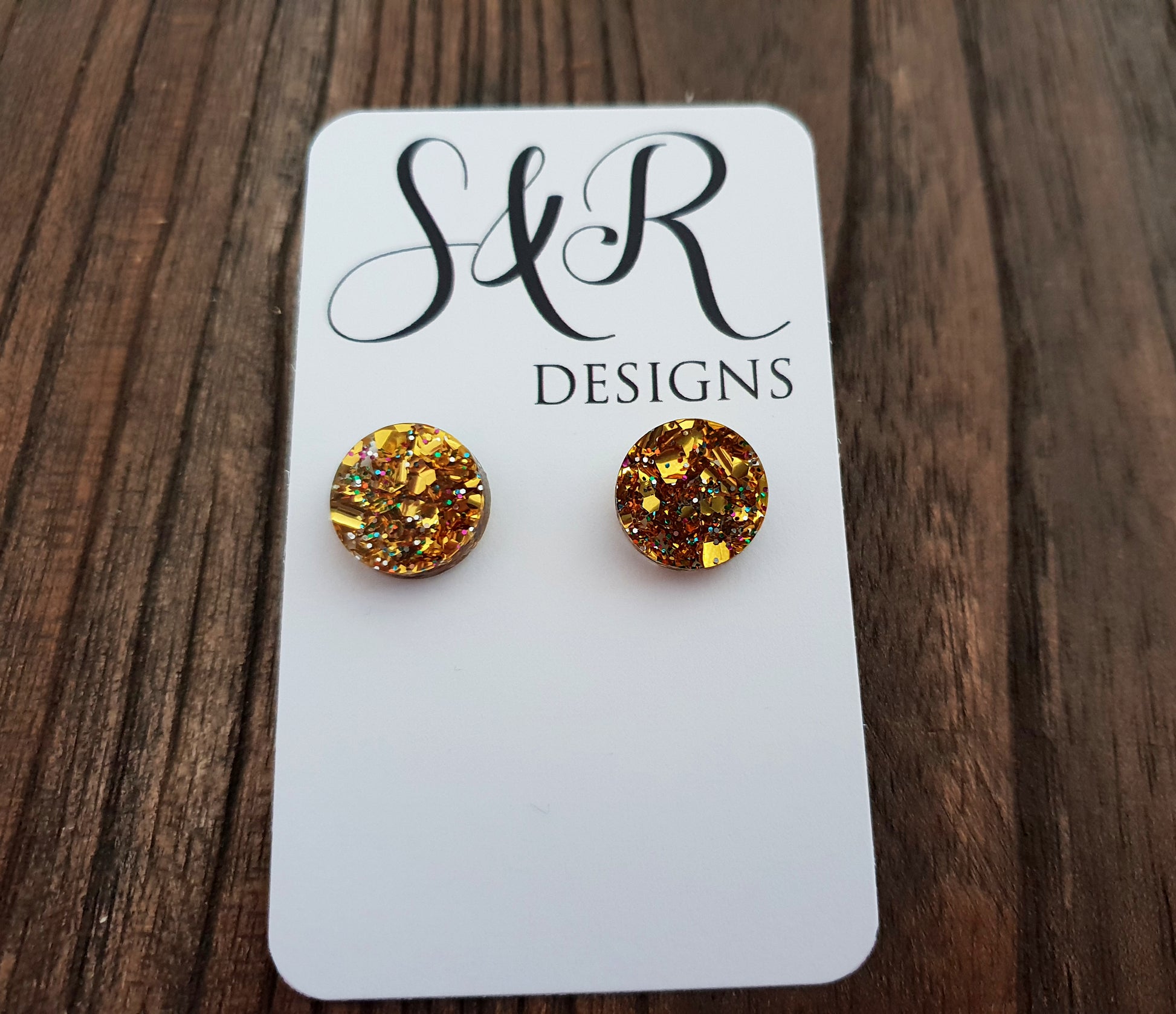 Gold Holographic Mix Glitter Circle Stud Earrings Acrylic - Silver and Resin Designs