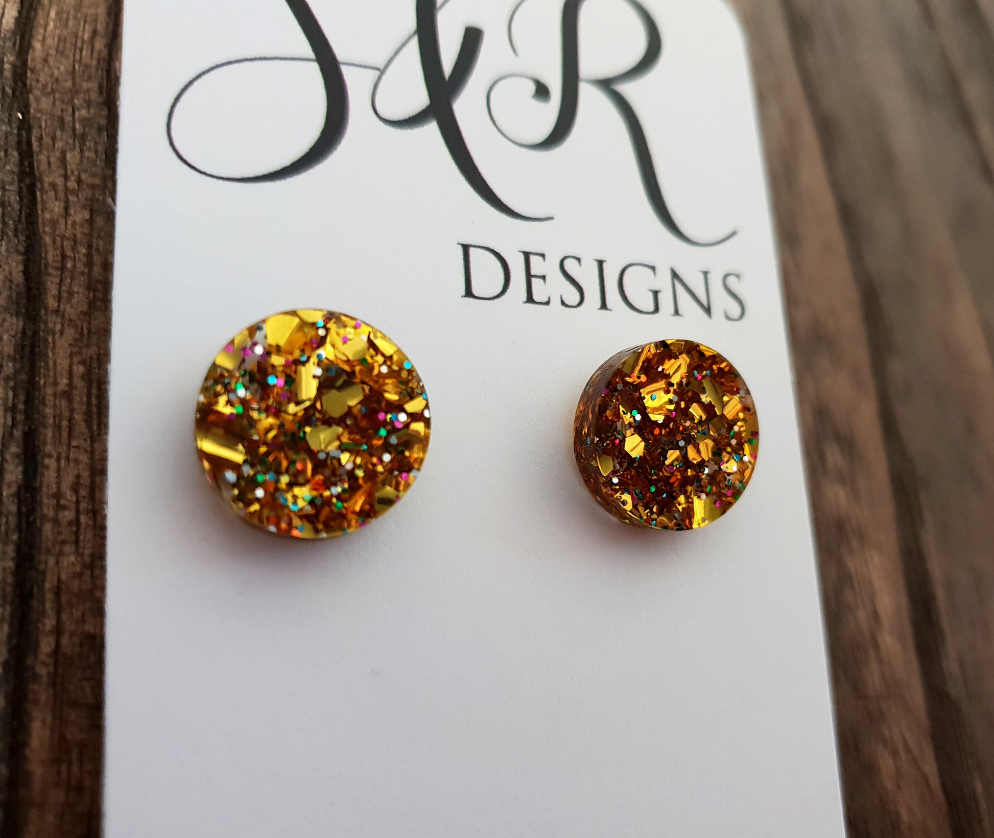 Gold Holographic Mix Glitter Circle Stud Earrings Acrylic - Silver and Resin Designs