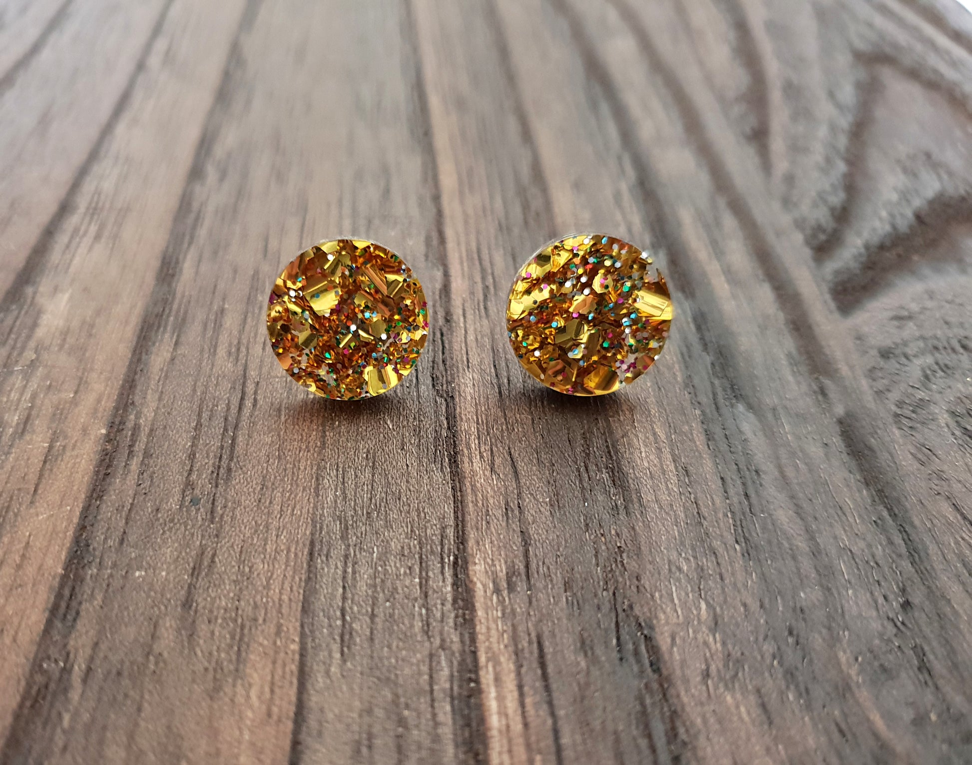 Gold Holographic Mix Glitter Circle Stud Earrings Acrylic - Silver and Resin Designs