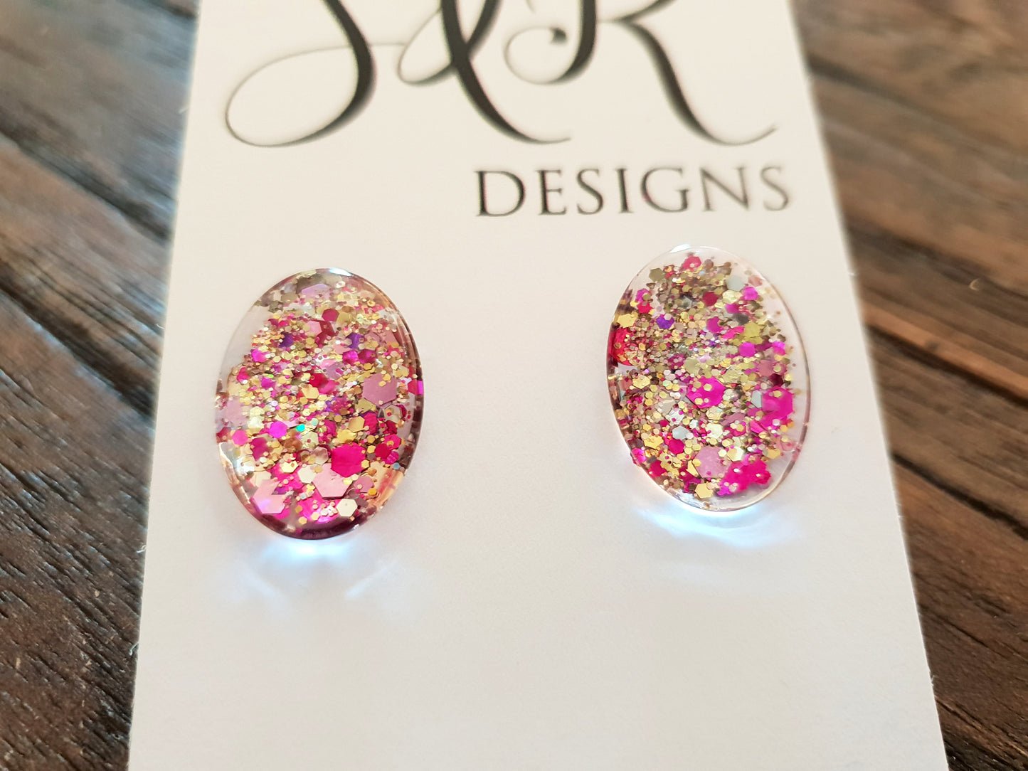 Oval Glass Glitter Resin Stud Earrings Gold Pink Glitter Earrings - Silver and Resin Designs