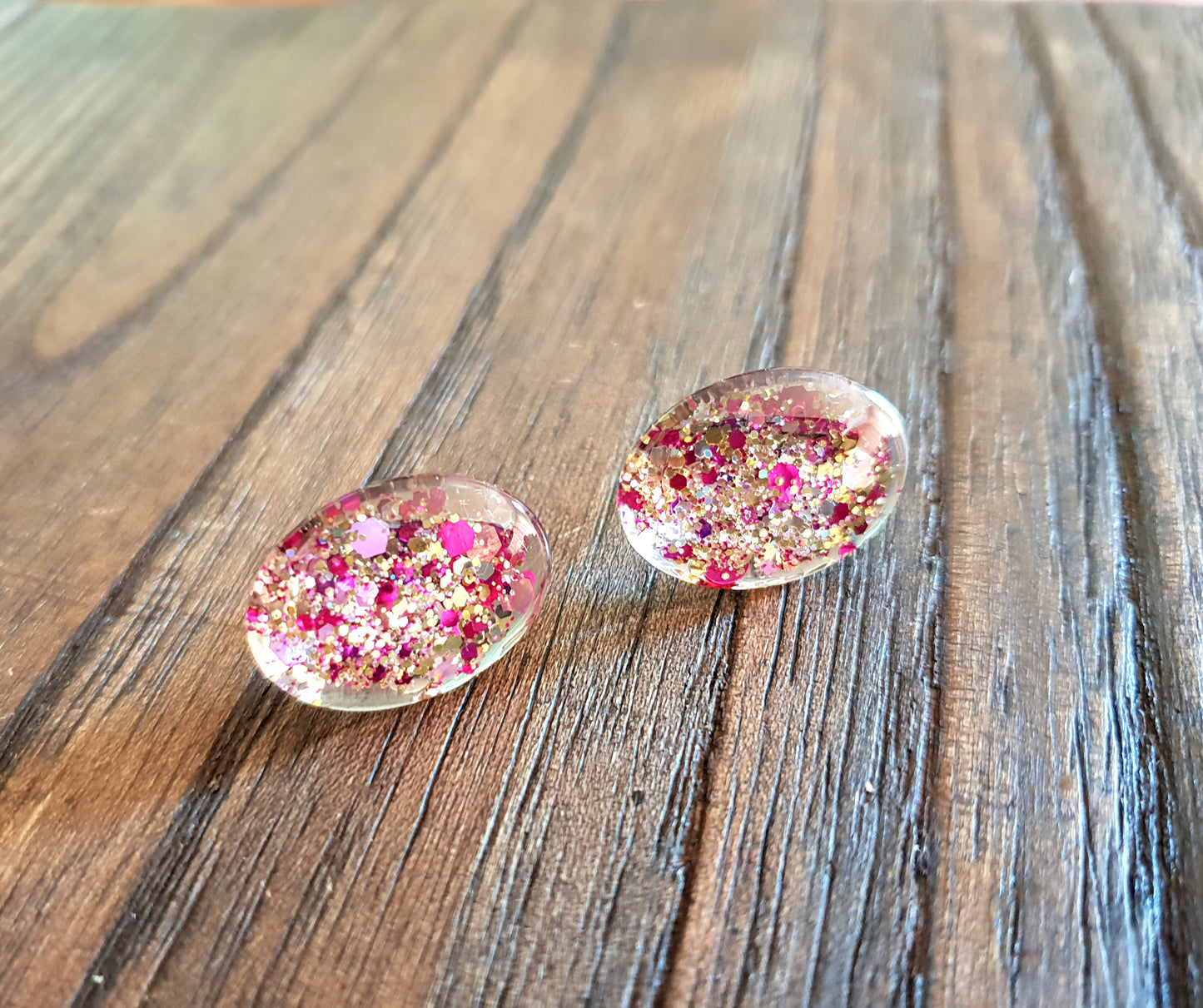 Oval Glass Glitter Resin Stud Earrings Gold Pink Glitter Earrings