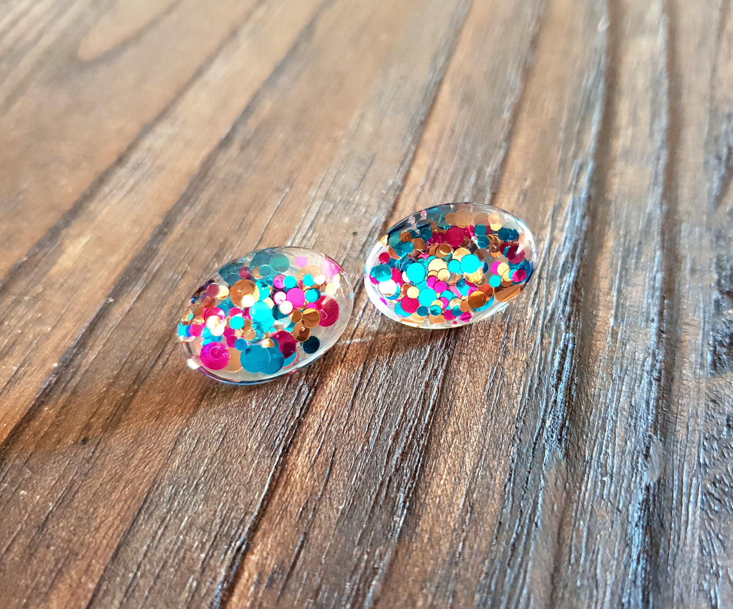 Oval Glass Glitter Resin Stud Earrings Teal Gold Pink Glitter Earrings - Silver and Resin Designs