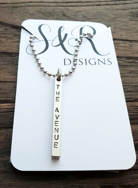 Personalised Name Stamped Necklace Bar Stainless Steel, 4 Sided Bar Pendant Necklace - Silver and Resin Designs