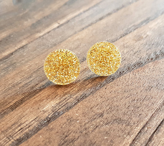 Circle Stud Earrings Gold Glitter Acrylic - Silver and Resin Designs