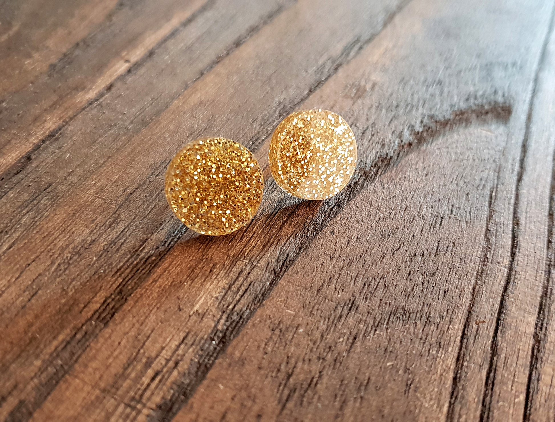 Circle Stud Earrings Gold Glitter Acrylic - Silver and Resin Designs