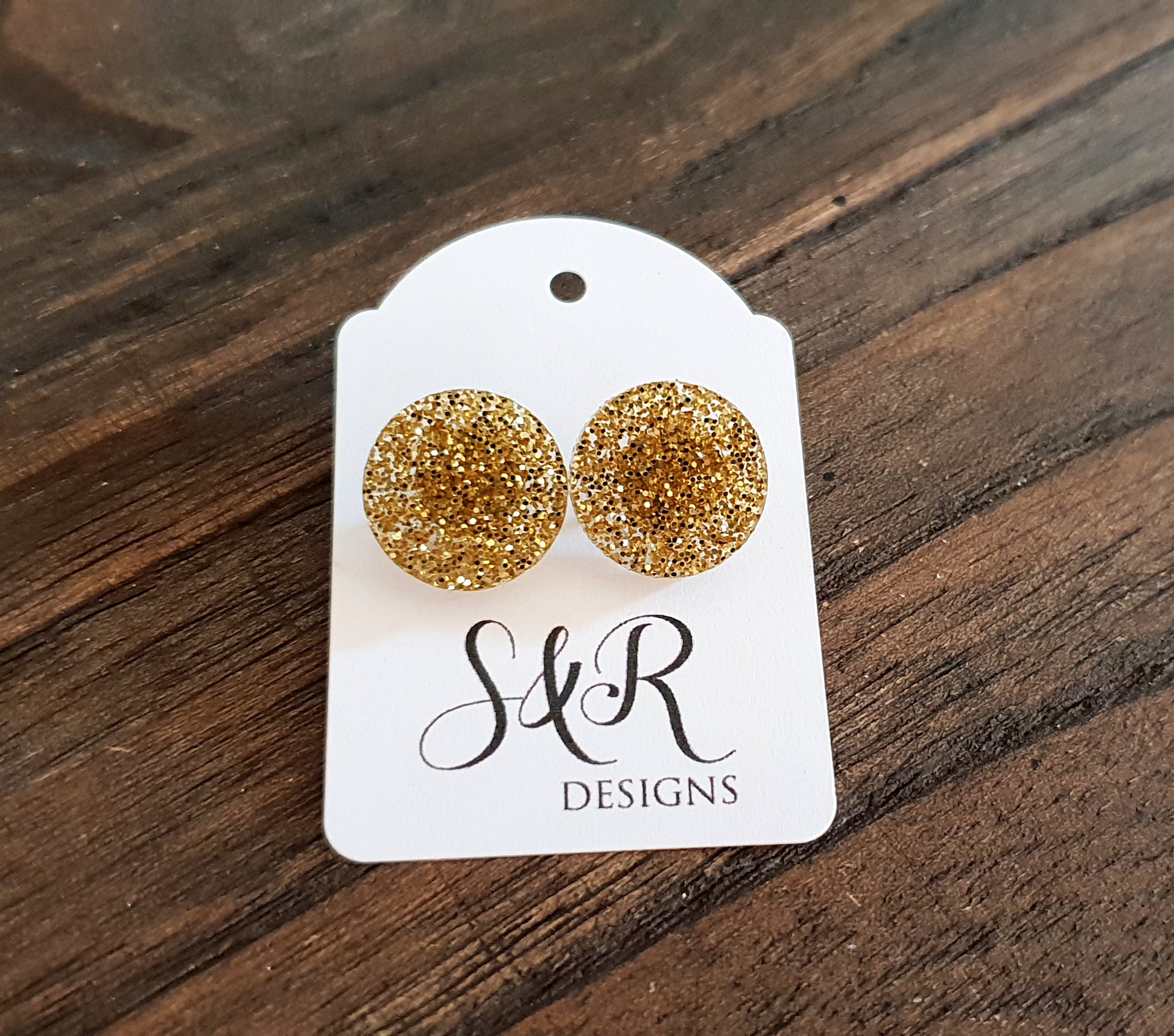 Circle Stud Earrings Gold Glitter Acrylic - Silver and Resin Designs