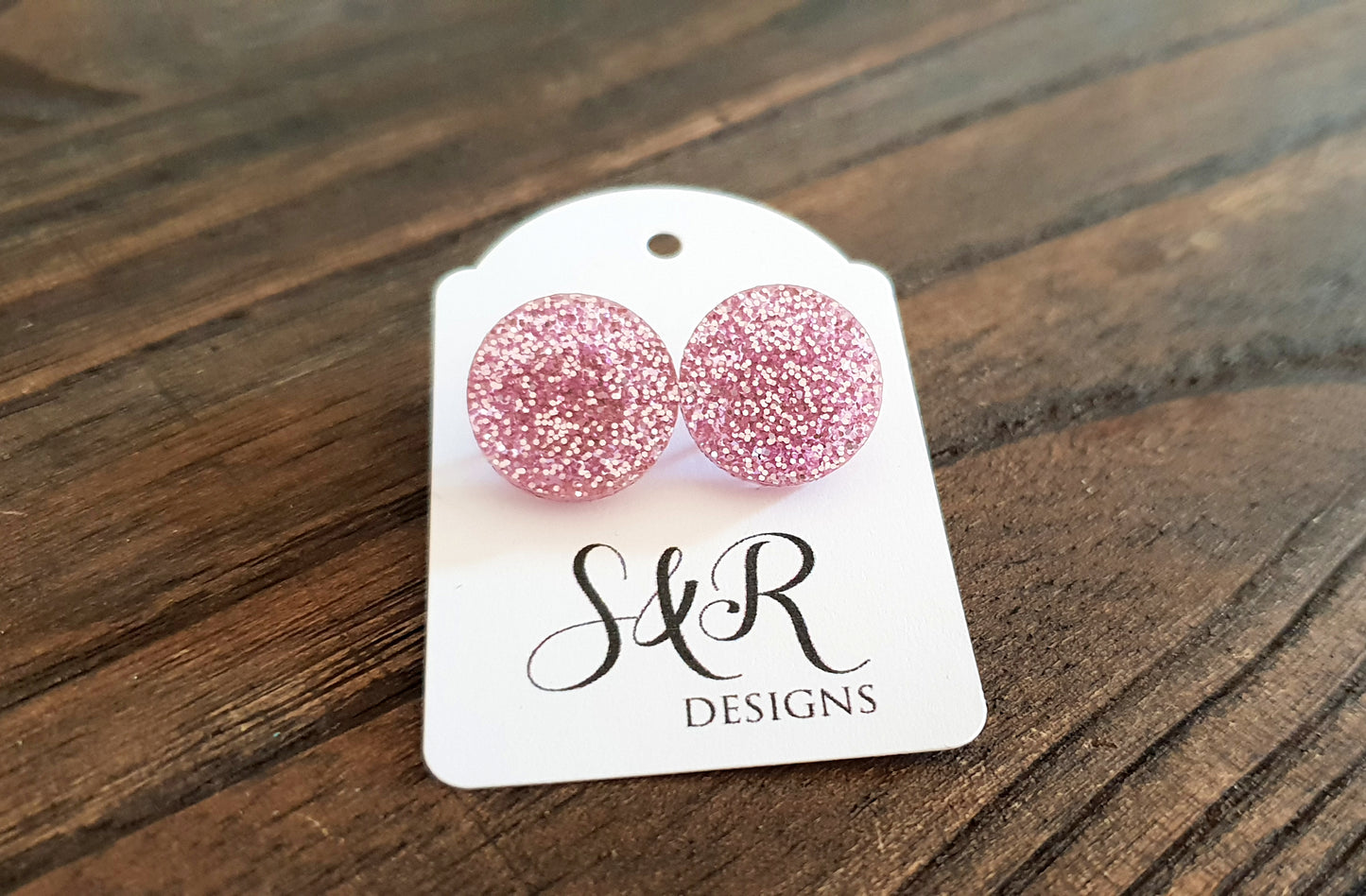 Circle Stud Earrings Light Pink Glitter Acrylic - Silver and Resin Designs
