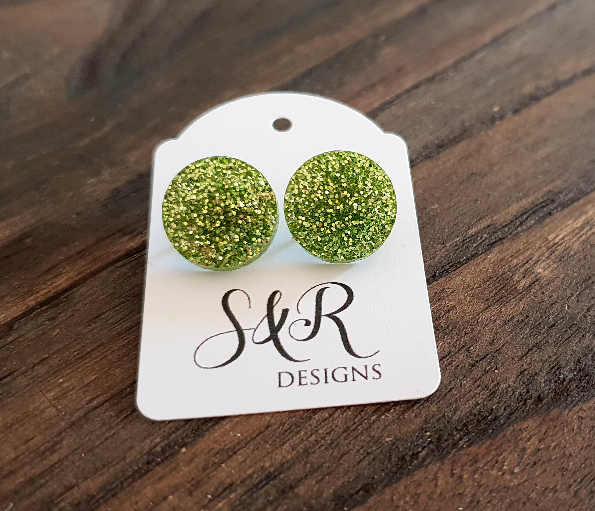 Circle Stud Earrings Green Glitter Acrylic - Silver and Resin Designs