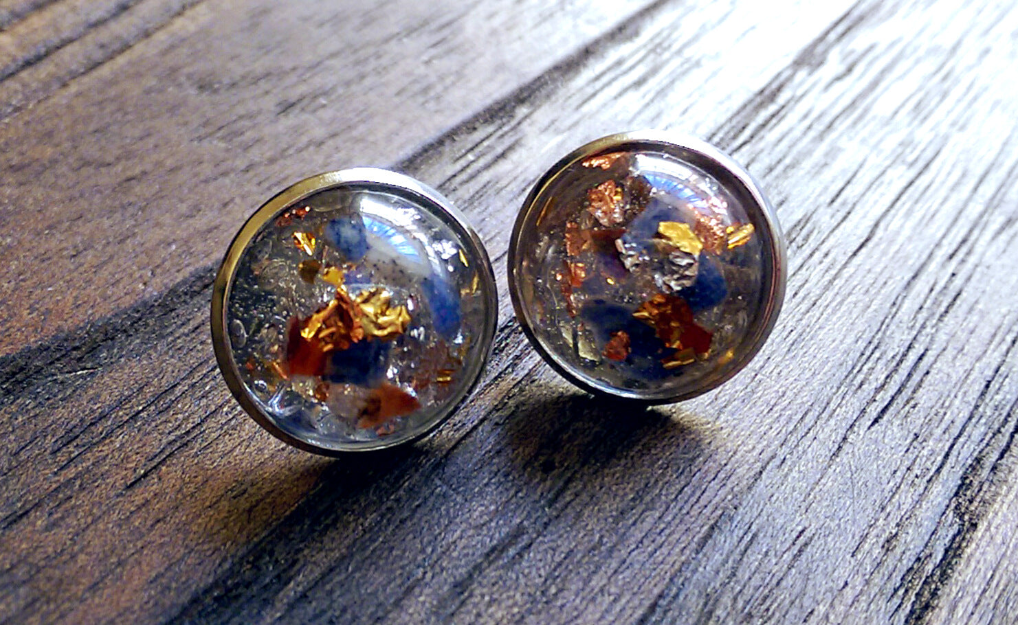 Beautiful Tasmanian Mixed Semi Precious Minerals Resin Stud Earrings 16mm - Silver and Resin Designs