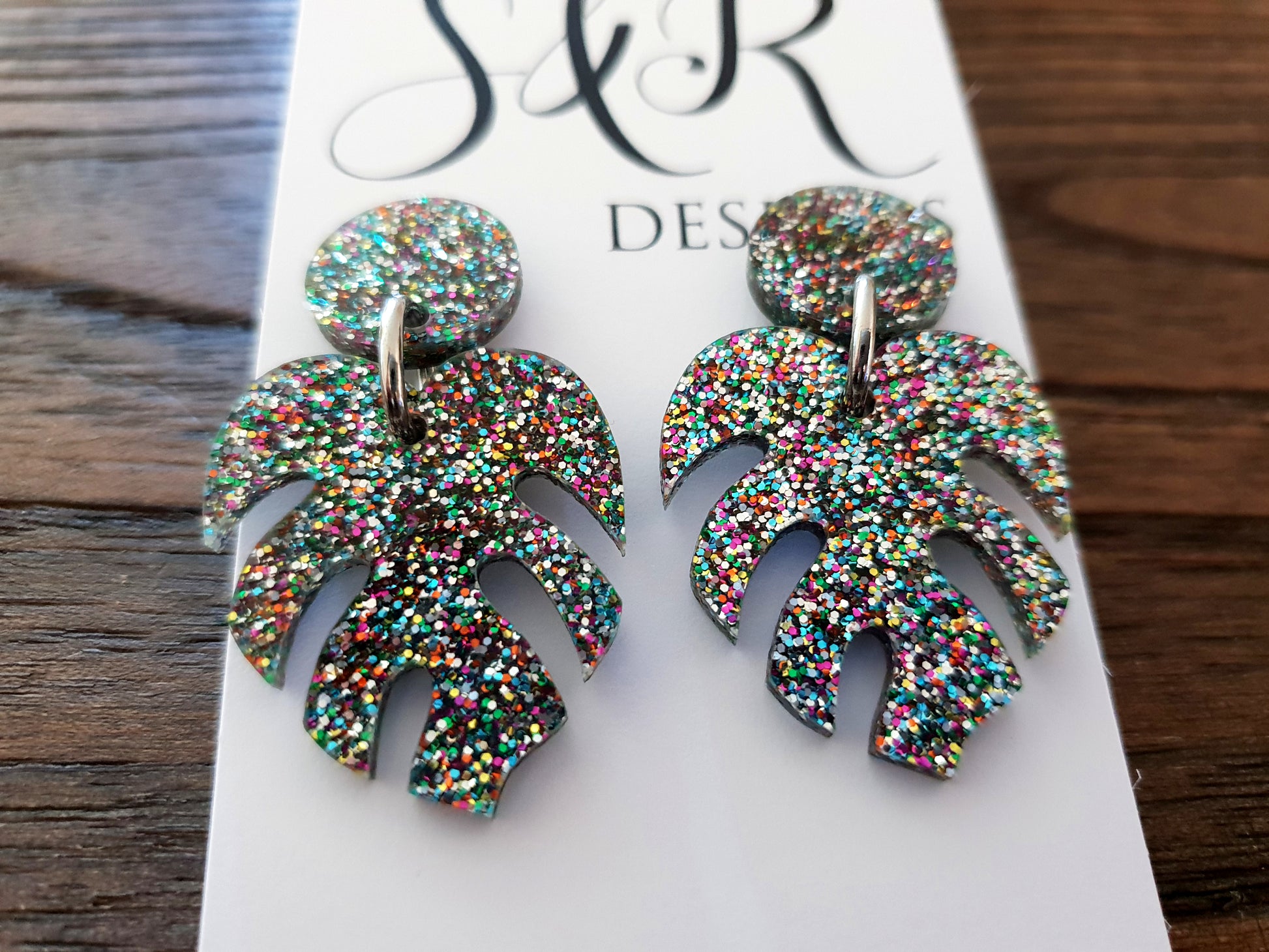 Monstera Leaf Confetti Glitter Acrylic Dangle Earrings - Silver and Resin Designs