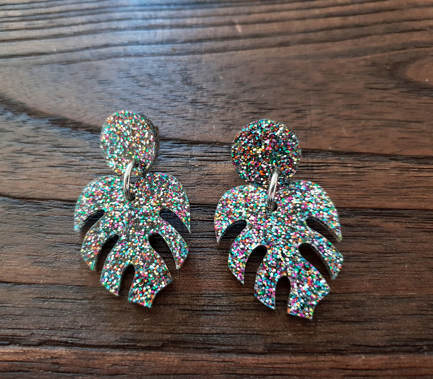 Monstera Leaf Confetti Glitter Acrylic Dangle Earrings - Silver and Resin Designs